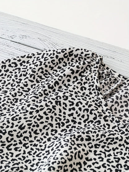 Plus Size Women's Boho Leopard Print Ruffle Sleeve Blouse - Asymmetrical Summer Top with Round Neck, Machine Washable Casual Vacation Shirt for Beach Outings & Warm Weather, Relaxed Setting Apparel, Nontransparent Fabric