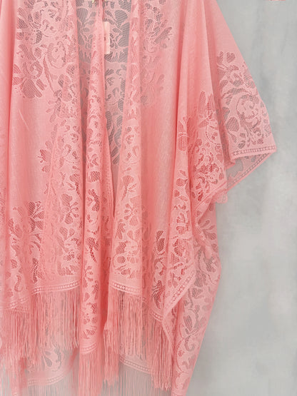 Woman's Plus Size Boho Cover Up, Lace Kimono, Women's Plus Floral Lace Batwing Sleeve Cover-Up, Open Front Tassel Trim Kimono, Lightweight Beach Cover Up