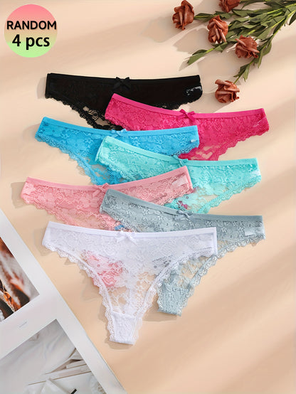 4pcs Of Mixed Color Lace Sexy Women's Underwear, Soft And Breathable Bow-tie Minimalist Women's Thong, Sexy Lingerie Panties.