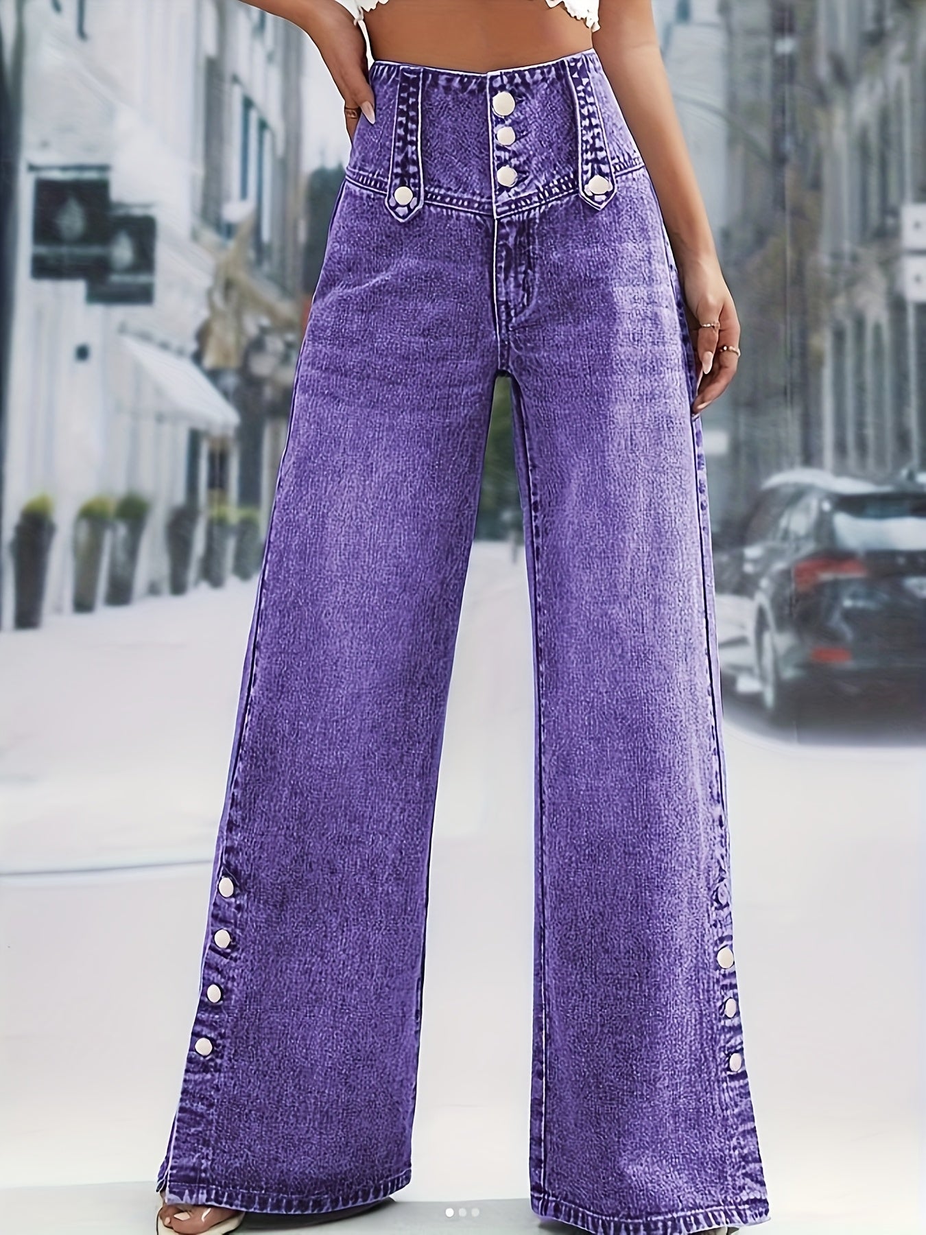 Women's Daily Casual Fashion Button Waistband Loose Jeans, with Open Button Cuff Design, Suitable for Home, Outdoor Street Shopping, Holiday Travel, Airport, And Versatile for All Seasons, Machine Washable.