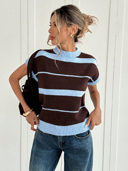 Women'S Striped Sweater - Fall/Winter Cozy, Short Sleeve, Trendy Chic, Breathable Knitwear, Ideal for Casual Fridays, Coffee Dates, Outdoor Gatherings
