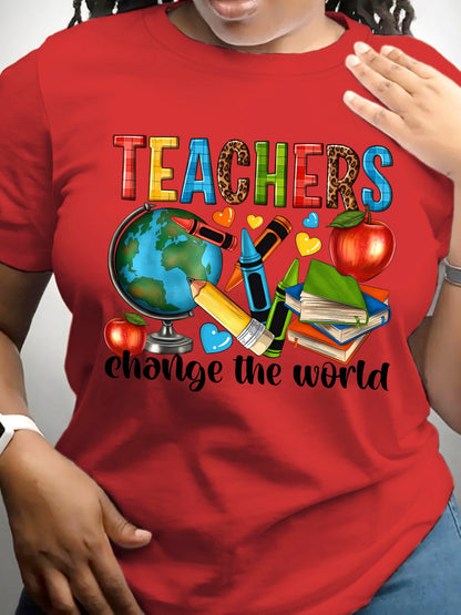 Round Neck Short Sleeve T-Shirt with a Teacher Pattern Print