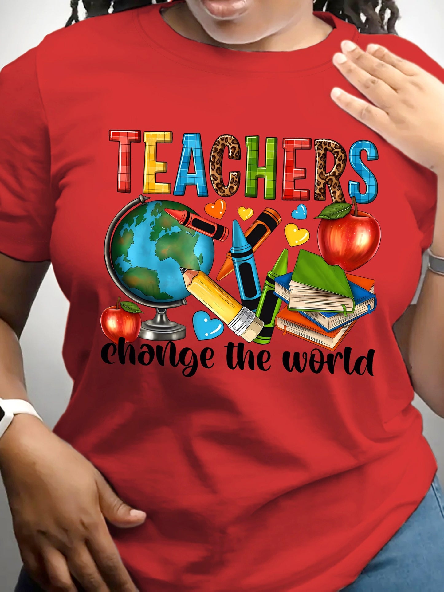 Round Neck Short Sleeve T-Shirt with a Teacher Pattern Print