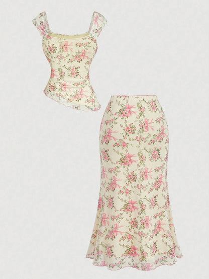 2pcs Women'S Square Neck Sleeveless Top And High-Waist Maxi Skirt Set Spring/Summer Style | Floral Print And Tie Trim Mermaid Hem Design, Gentle Vibe Ideal for Dates And Semi-Formal Occasions