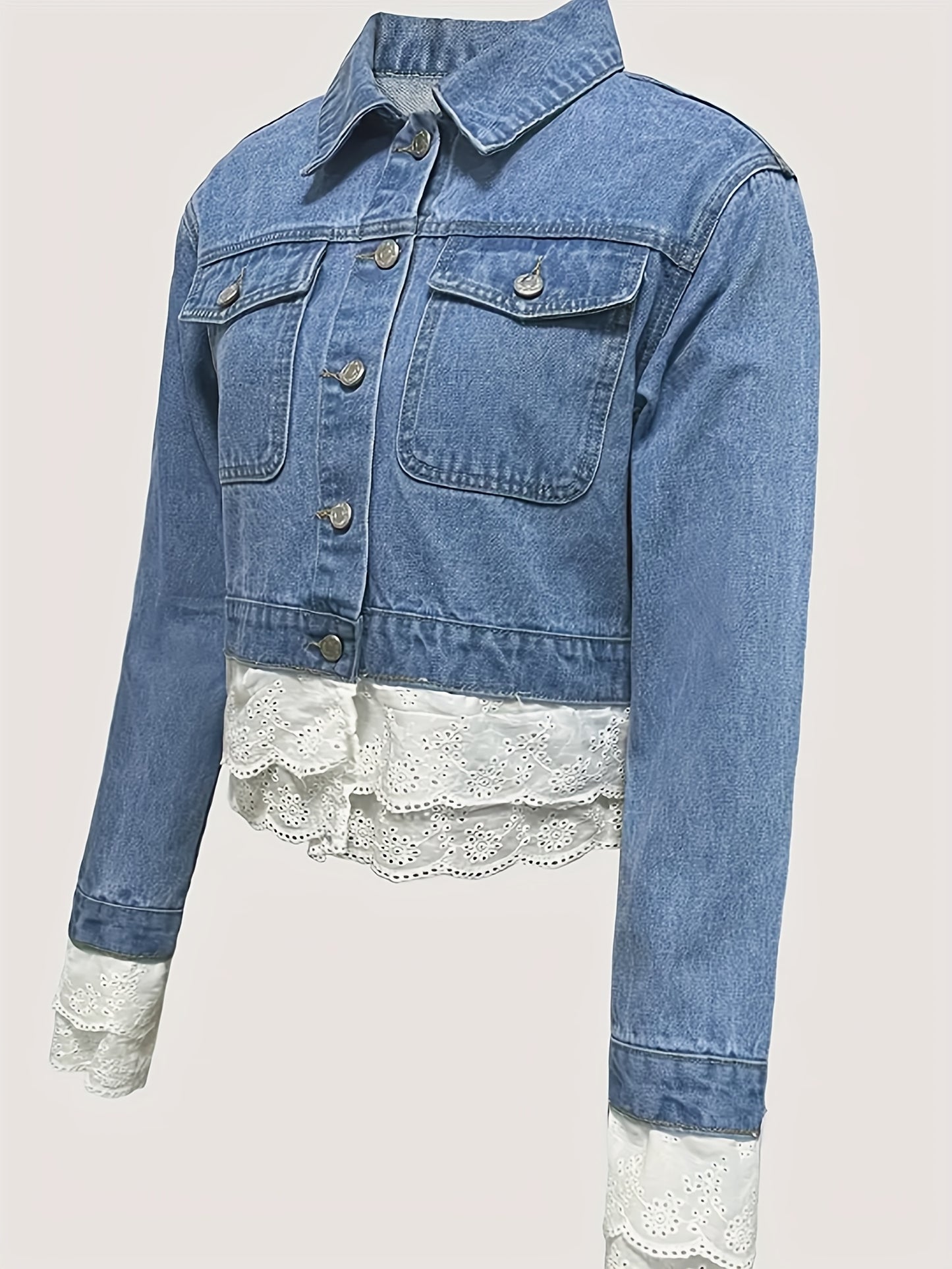 Plus Size Women's Casual Short Denim Jacket with Lace Trim - Machine Washable Spring/Fall Layering Piece, Contrast Lace Edging & Classic Denim Design for Everyday Outfits, Casual Wear Jacket | Plus Size Fashion | Stylish Contrasts