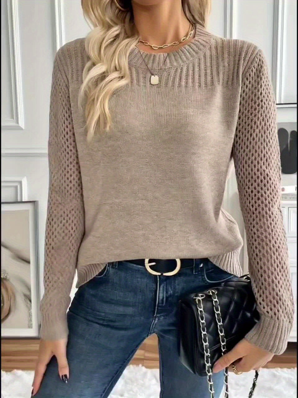 Women'S Autumn And Winter Solid Color Sweater Threaded Hollow Slim Pullover Sweater Women