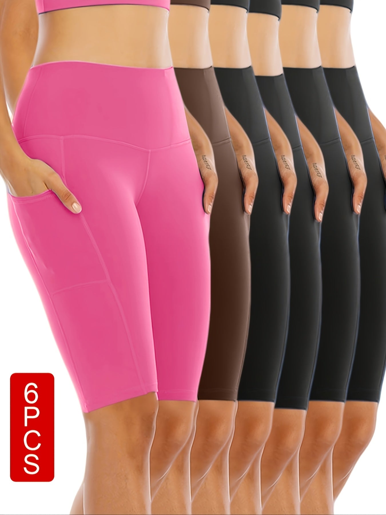 6pcs Set Of Women's Cycling Shorts with Pockets, High Waist Belly-closing Exercise Yoga Running Fitness Tennis Shorts Large Size Sports Shorts