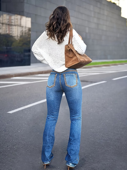 [HME] Autumn New Women'S Retro Jeans, Classic Five-Pocket Style, Retro Washed Classic Blue, Fashionable And Easy, Suitable for More Occasions. Mid-Waist Stretch Slim Straight-Leg Pants, Suitable for All Seasons, Essential for Daily Casual Wear