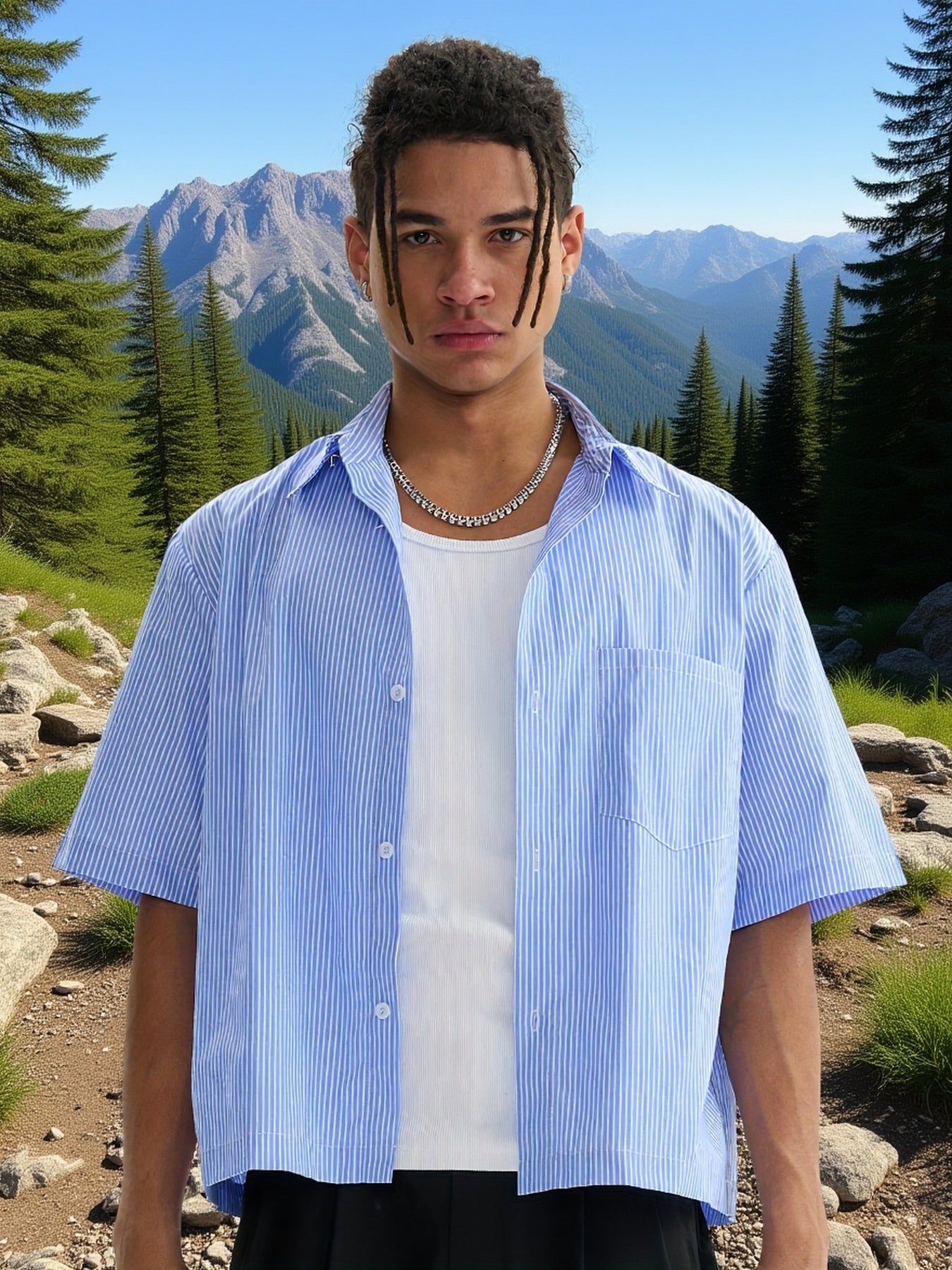 Unisex Casual Striped Shirt - Oversized, Loose Fit, Short Sleeve with Chest Patch Pocket | Lightweight Polyester Fabric | Perfect for Everyday, Beach, Party & Streetwear | Casual Attire | Chic Casual Style | Nontransparent Fabric