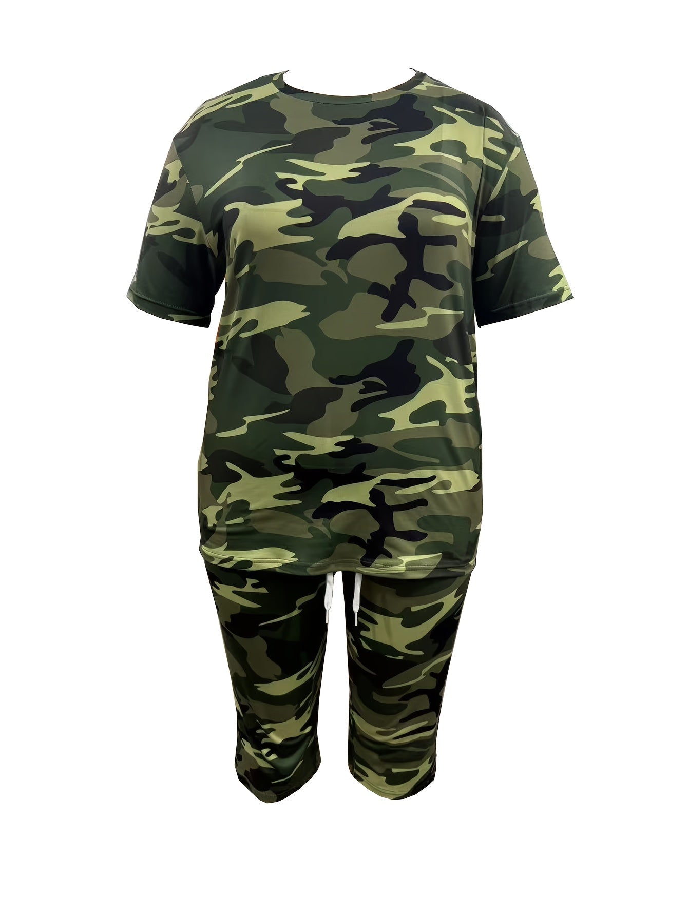 Plus Size - Plus Size - Women'S Plus Size Fashion: Camouflage Print T-Shirt with Round Neck And Cropped Pants Set, Casual Two-Piece Outfit