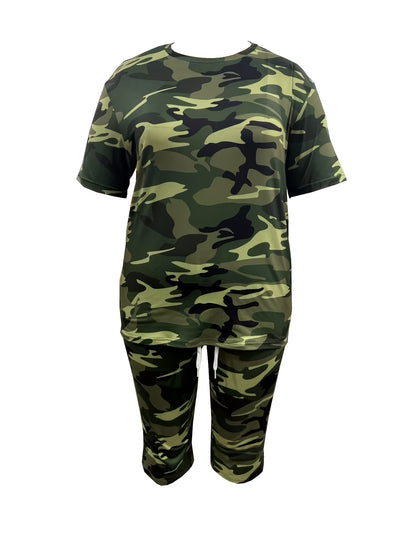 Plus Size - Plus Size - Women'S Plus Size Fashion: Camouflage Print T-Shirt with Round Neck And Cropped Pants Set, Casual Two-Piece Outfit