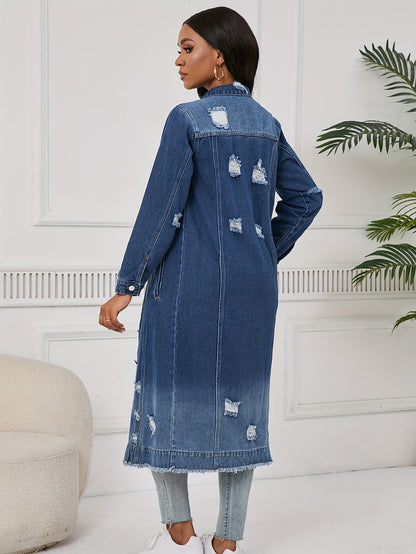 Long Ripped Denim Jacket with Real Pockets, Casual Windbreaker