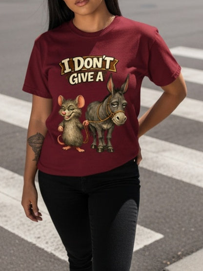 Humorous And Satirical Mouse And Donkey Meme T-Shirt - "I Don'T Care" Design Featuring Donkey And Mouse Characters - Women'S Universal Soft And Breathable Top - Casual Meme T-Shirt for Adult Women