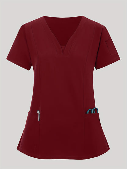 2pcs Women's Breathable V-Neck Work Uniform - Machine Washable Pocket Detail Matching Top & Pants, Casual Work Clothes Suitable for Work Uniforms, Healthcare, Education, Retail - Comfortable Professional Attire