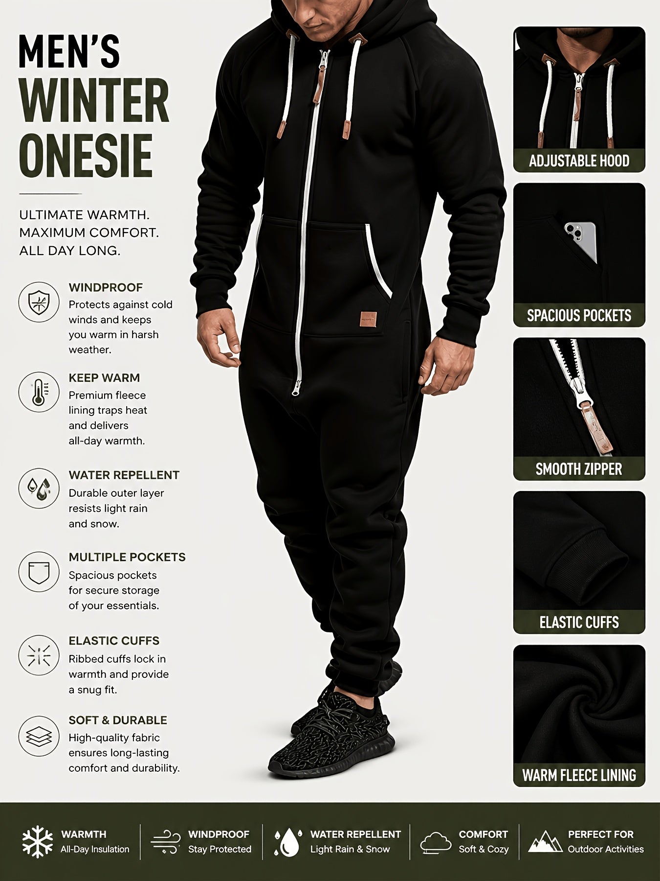 A Men's Hooded Fleece-lined Jumpsuit, Long Sleeve, Full Zip Jumpsuit with Kangaroo Pocket, Suitable for Spring Travel And Seaside Trips