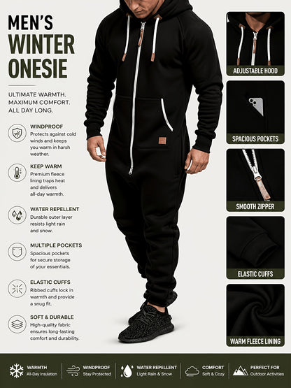 A Men's Hooded Fleece-lined Jumpsuit, Long Sleeve, Full Zip Jumpsuit with Kangaroo Pocket, Suitable for Spring Travel And Seaside Trips