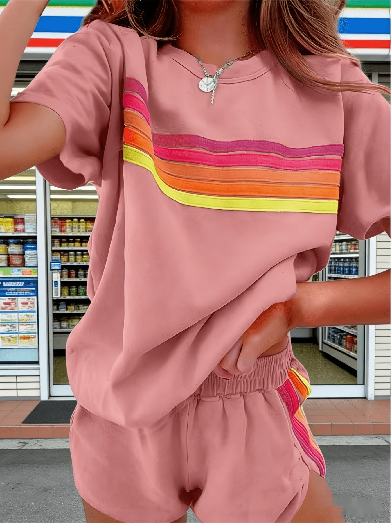 2pcs Set Elevate Your Style with Our Chic Color-Block Shorts Set in White, Blue, Pink, Or Light Brown