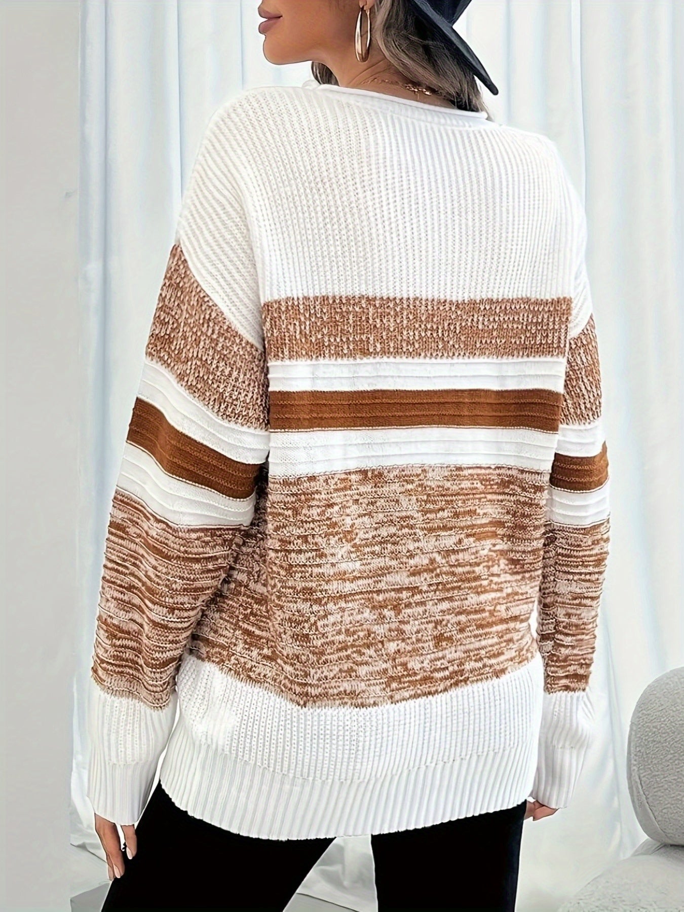 Women'S Fashion Striped Long Sleeve Sweater Color-Blocked Pullover Top Casual Ribbed Sweater