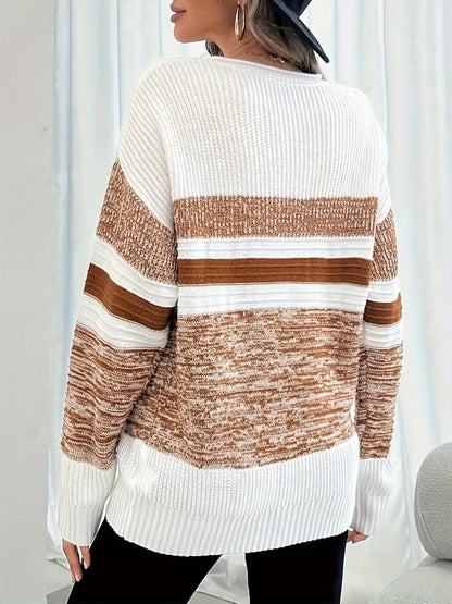 Women'S Fashion Striped Long Sleeve Sweater Color-Blocked Pullover Top Casual Ribbed Sweater