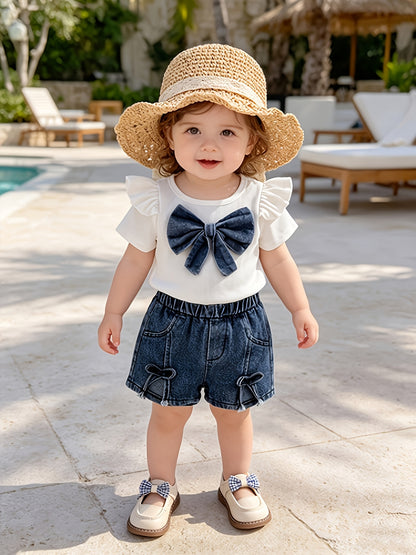 New 2pcs Baby Girls Set with 3D Flower And Bow Flutter Sleeve Top And Denim Shorts, Lightweight Breathable, Suitable for Daily School Outdoor Outings And Summer Outdoor Sports And Leisure for Girls, for Outdoor