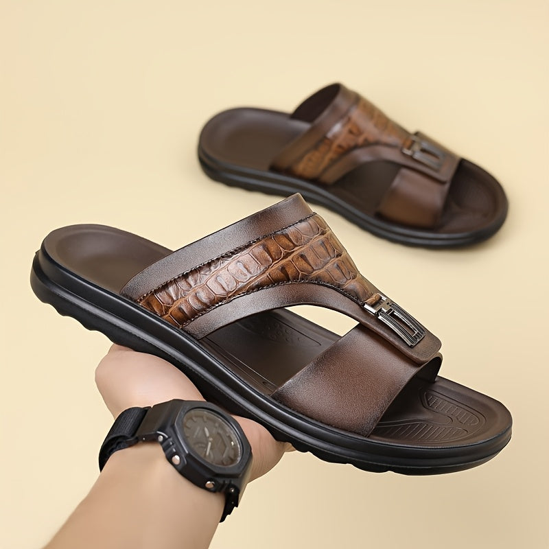 Men's Textured Slide Sandals, Crocodile-Print Straps with Metal Buckle - Minimalist Summer Shoes for Resort & Lounge