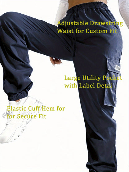 Women'S Zippered Pocket Cargo Pants, Stylish Large Pocket Design, Drawstring Elastic Waistband, Casual Outdoor/everyday Wear Trousers