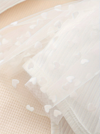 2pcs Set for Baby Girls Featuring a Bodysuit with 3D Embroidered Flowers, a Heart-Shaped Tulle Skirt, Long Sleeves, a V-Neck, And a Matching Bow Headband, Perfect for Newborn Baptism And Royal-Style Dresses for Princesses, for Outdoor