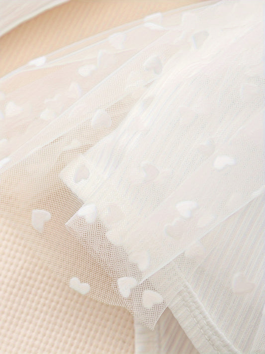 2pcs Set for Baby Girls Featuring a Bodysuit with 3D Embroidered Flowers, a Heart-Shaped Tulle Skirt, Long Sleeves, a V-Neck, And a Matching Bow Headband, Perfect for Newborn Baptism And Royal-Style Dresses for Princesses, for Outdoor