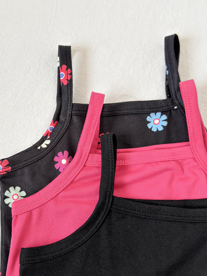 Set of Three Summer Rompers for Baby Girls Featuring Black Daisy Prints with Fuchsia And Black Floral Letter Designs, for Outdoor, Perfect for Outdoor