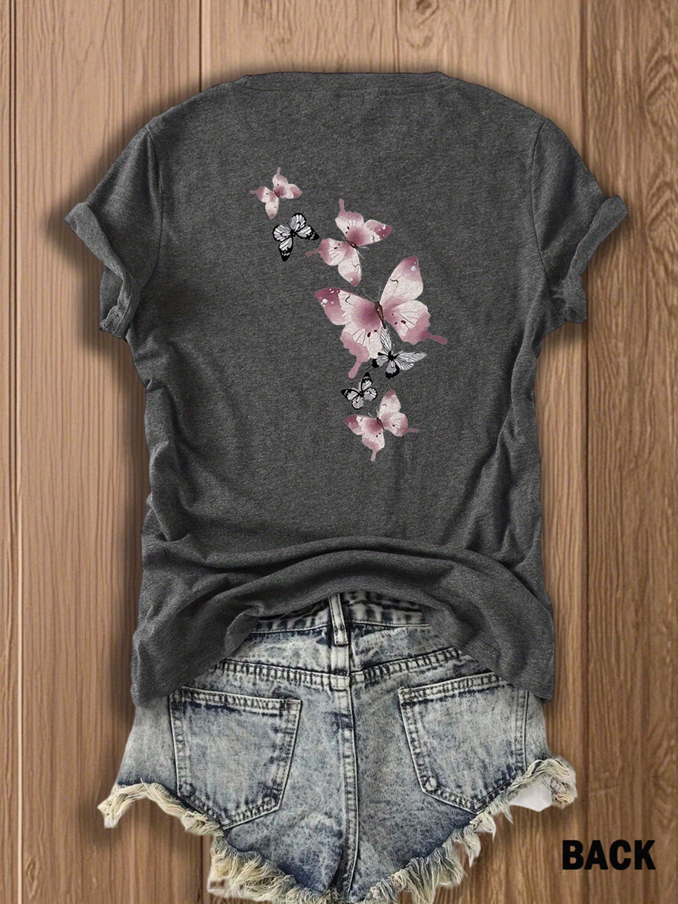 Butterfly Garden Double-Sided Print T-Shirt - Elegant And Whimsical Design, Suitable for Spring Wear, a Perfect Choice for Nature Lovers And Fashion Enthusiasts, Trendy Casual T-Shirt with Double-Sided Print Design