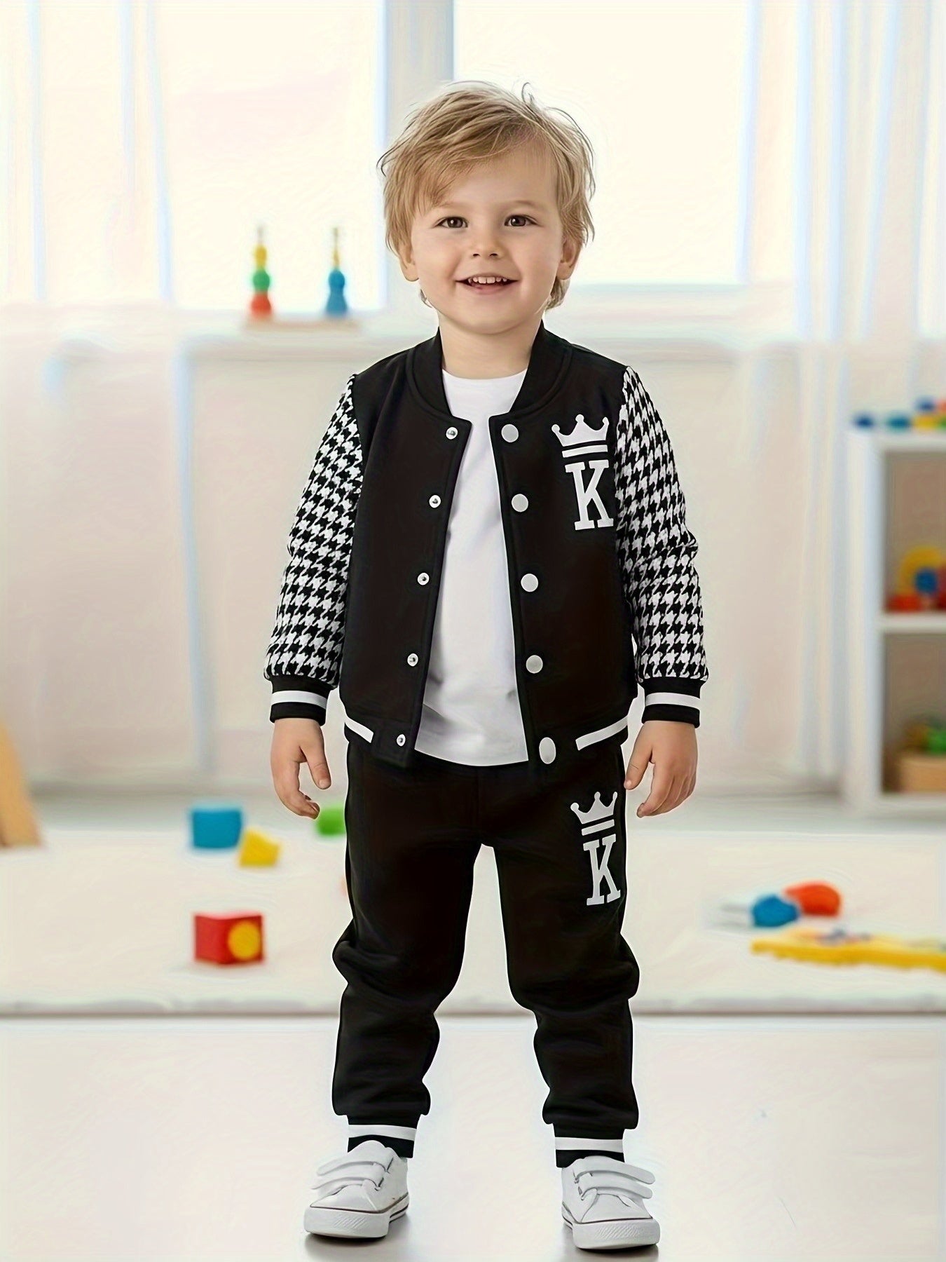 Toddler Boy's 2pcs Set, Crown Letter K Design Houndstooth Long Sleeve Jacket & Letter K Pants, Casual Comfy Set for Outdoor Activities And Daily Wear for Fall/Winter, Perfect for Outdoor