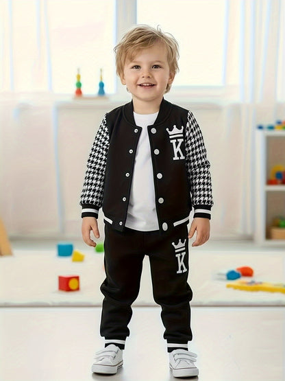 Toddler Boy's 2pcs Set, Crown Letter K Design Houndstooth Long Sleeve Jacket & Letter K Pants, Casual Comfy Set for Outdoor Activities And Daily Wear for Fall/Winter, Perfect for Outdoor