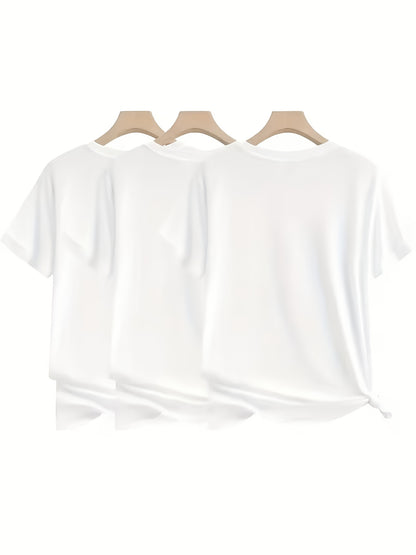 3-Pack Women's Solid Color Round Neck T-Shirt, Soft And Comfortable Pure White Casual Round Neck Shirt, Perfect for Summer And Casual Wear