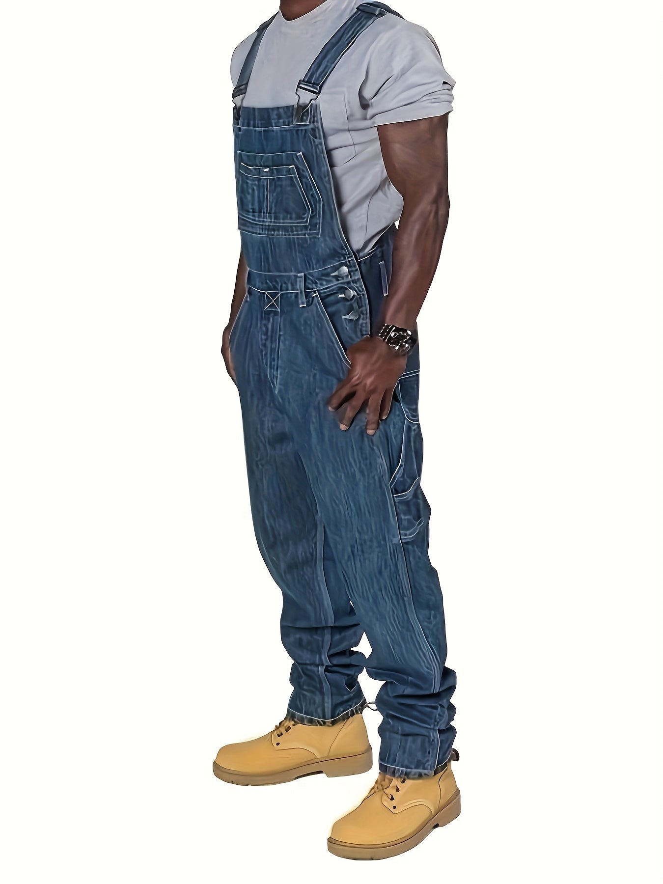 [HME] American Retro Men's Casual Jumpsuit Jeans, Three-dimensional Cut Loose Fit, Multi-pocket Design Cargo Pants, New Autumn And Winter Denim Long Pants, Classic Washed Blue, Essential Men's Denim Overalls for Style Enthusiasts' Outfits