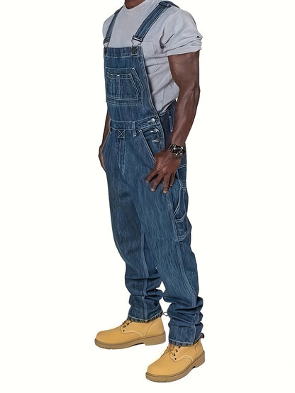 [HME] American Retro Men's Casual Jumpsuit Jeans, Three-dimensional Cut Loose Fit, Multi-pocket Design Cargo Pants, New Autumn And Winter Denim Long Pants, Classic Washed Blue, Essential Men's Denim Overalls for Style Enthusiasts' Outfits