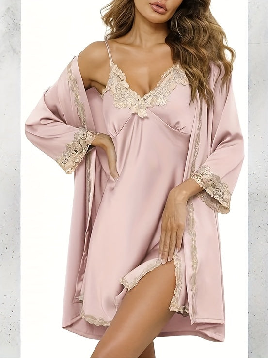 5pcs Set of Women'S Lace Sleepwear, Featuring a Charming Pajama, Casual Satin Outfit That Is Loose, Cozy, And Soft. The Set Includes a Robe, a Strap Skirt, a Short Tank Top, Shorts, And Pants