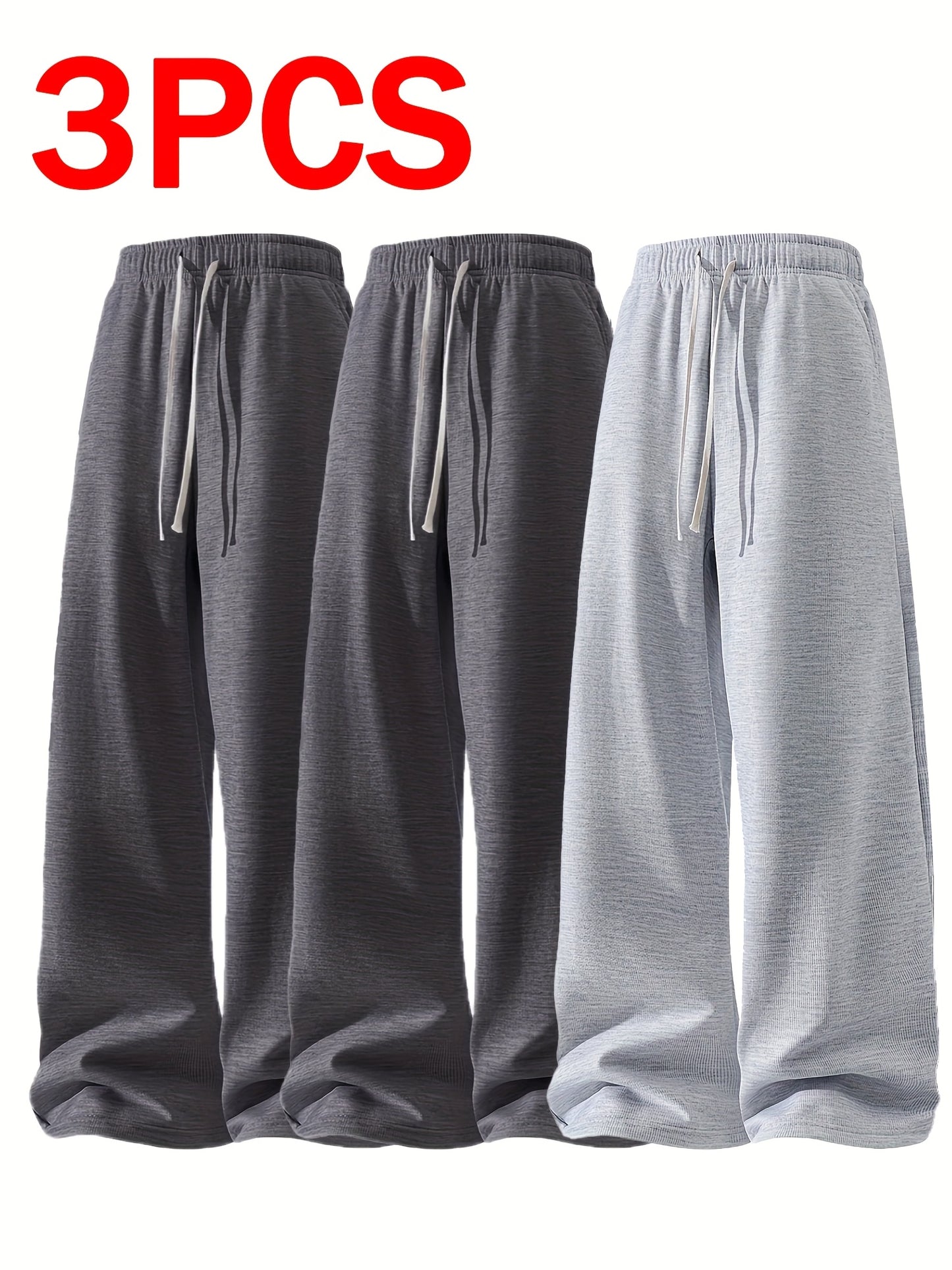 3pcs Men's Lightweight Soft Joggers - Loose Fit Straight Leg Pants Waist, Light Grey & Black/Dark Grey, All-Season Comfort Suitable for Gym, Casual Wear, Everyday Use - Straightforward Casual Style (Stock Available)