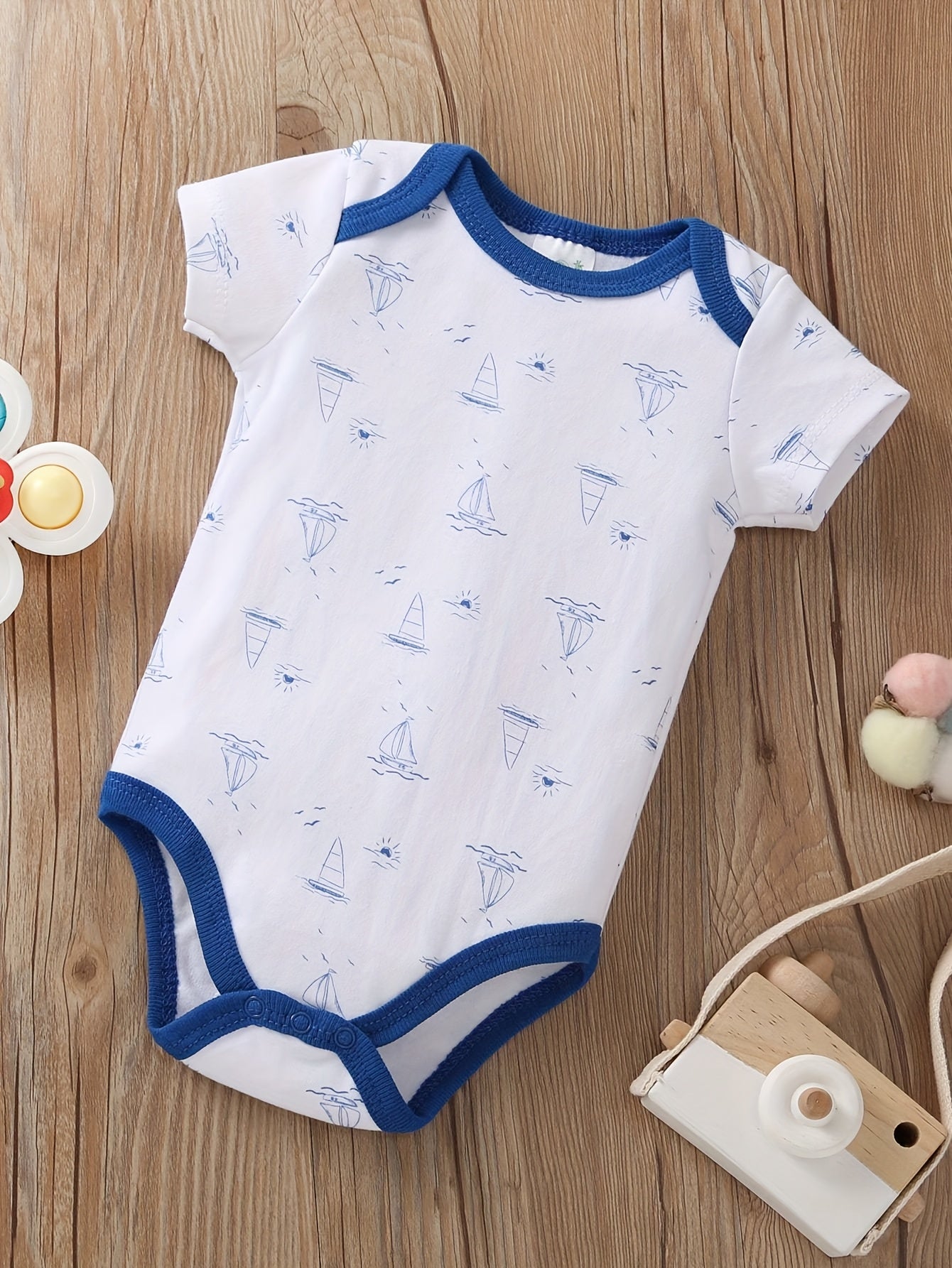5pcs Set of Baby Boys' Short Sleeved Cartoon Triangle Jumpsuit, Ha Yi, Baby Boys' Ocean Boat Anchor Casual Crawling Suit, for Outdoor