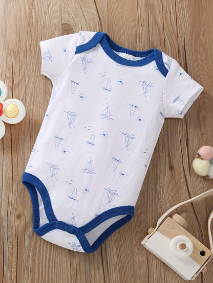 5pcs Set of Baby Boys' Short Sleeved Cartoon Triangle Jumpsuit, Ha Yi, Baby Boys' Ocean Boat Anchor Casual Crawling Suit, for Outdoor