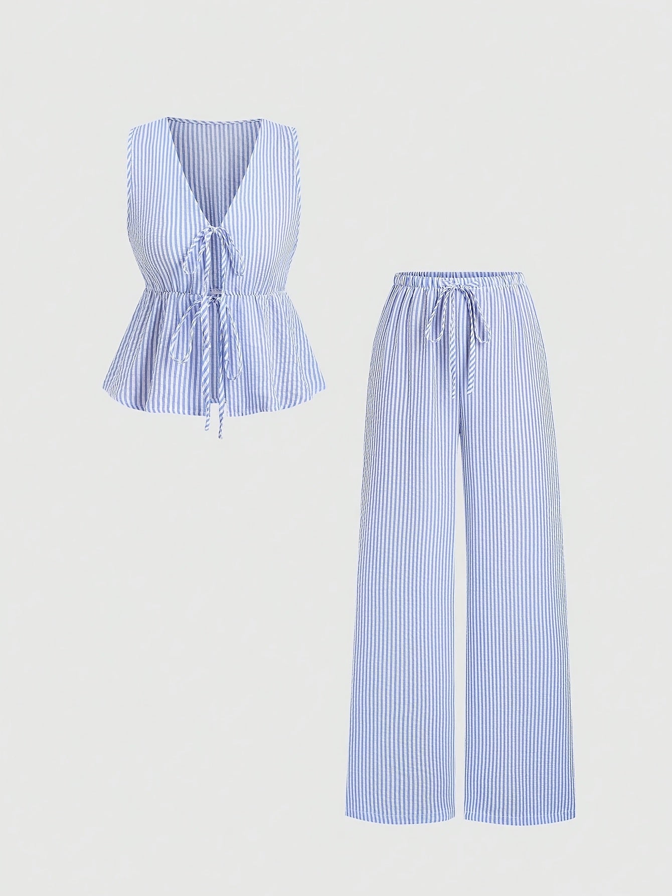 2pcs Women's Summer Tie Front Waist Cinched Sleeveless Top + Wide Leg Pants Set | Minimalist Plaid Design, Ideal for Daily Outings Commuting Dates and Multi-Scene Wear