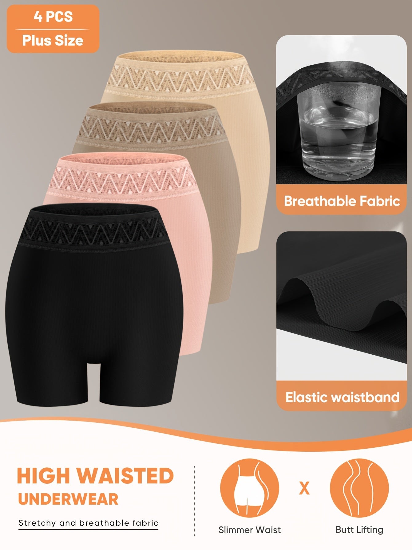[4pcs High-Waist Briefs] 4pcs Plus Size Women's High-Waist Boxer Briefs, Tummy Control & Butt Lifting, Printed Design, Soft & High Elasticity, Comfortable For, & Daily Wear