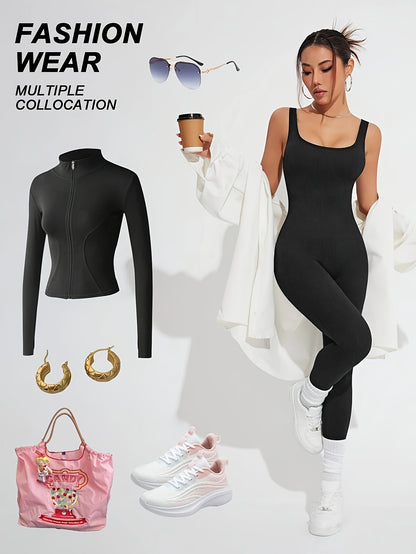 2pcs - Women'S Autumn And Winter Sleeveless Square Collar Long Jumpsuit, 90% Nylon And 10% Elastic Fiber Fabric Comfortable, Thick, Impermeable Washable And Reusable, Suitable For Any Activity Occasion, Exercise, Fitness, Pilates, Running, Yoga