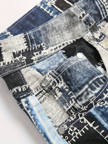 1pc Men's Fashion Denim Jeans, Stretch Slim Fit Washed Denim with Laser Digital Print, Casual Regular Length Pants with Built-in Zipper, Polyester Blend, Mid-Waist for Adult