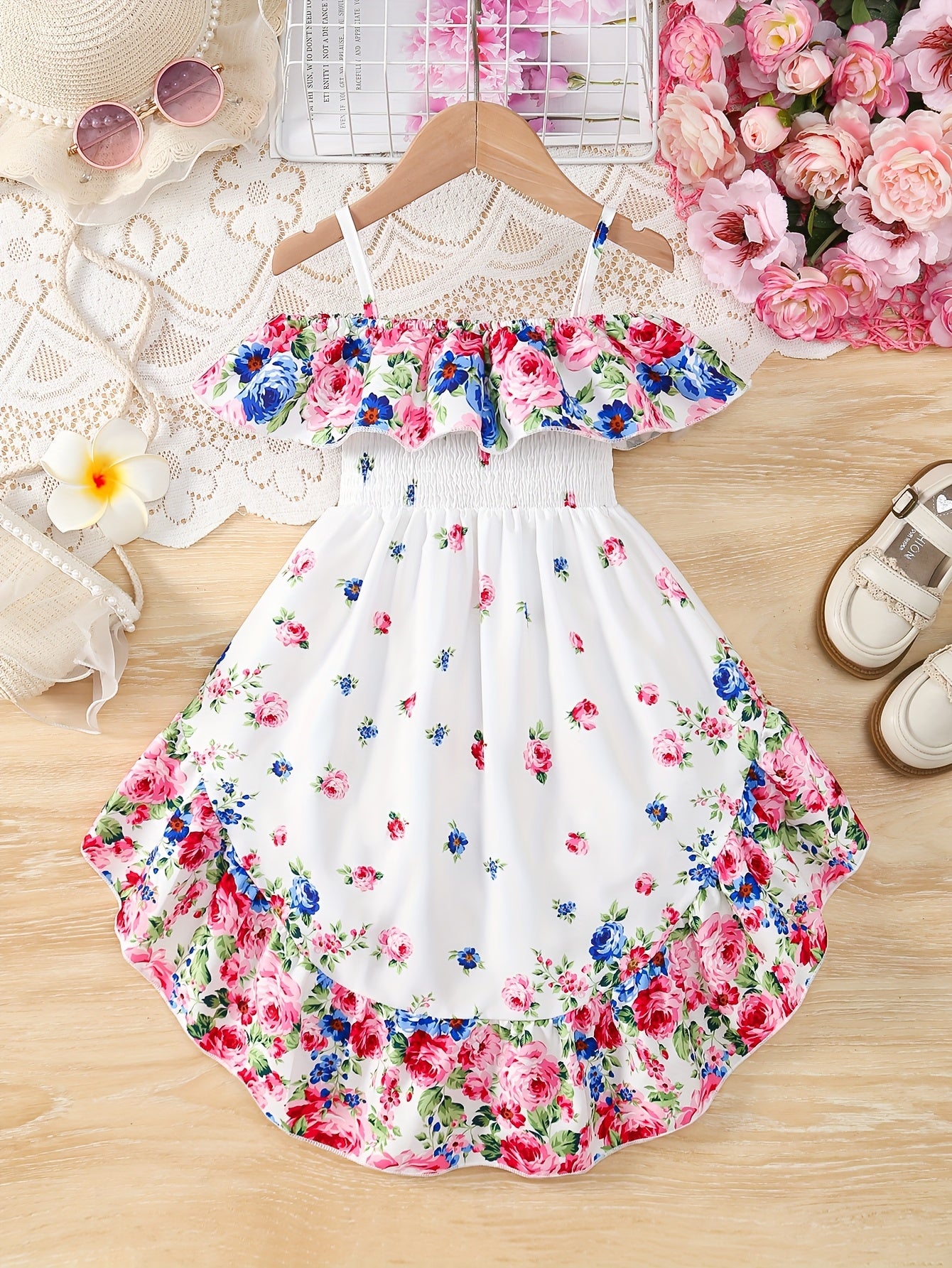 Girls Summer New Ruffles Floral Print Irregular Hem Design Casual Dresses