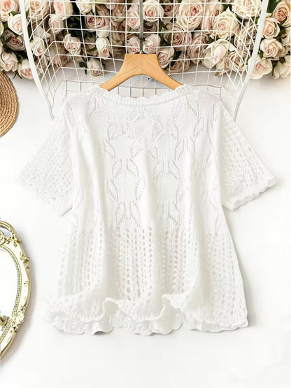 Plus Size - Large Size Women'S Casual Cardigan Light And Thin Short Sleeved Pearl Button, Semi Transparent, Round Neck All Season Versatile Layered Top