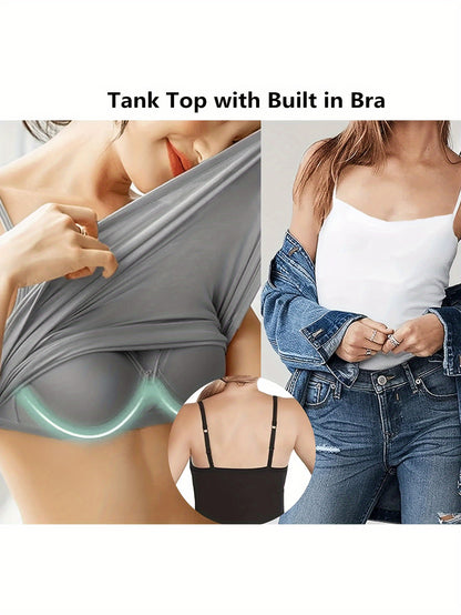 Ladies' Tank Top Featuring an Integrated Bra - Padded Camisole For, Highly Elastic Spaghetti Straps with Adjustable Breathable Straps Available in Sizes S to XL