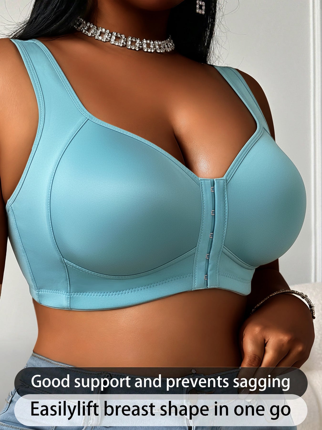 1pc Women'S Plus Size Bra Without Steel Rims, Satin Fabric, Smooth Fabric, Front Buckle Design With Strong Support, Suitable For Daily Wear And Formal Occasions - Full Cup Support, High Elasticity Material, High Support Enhancement