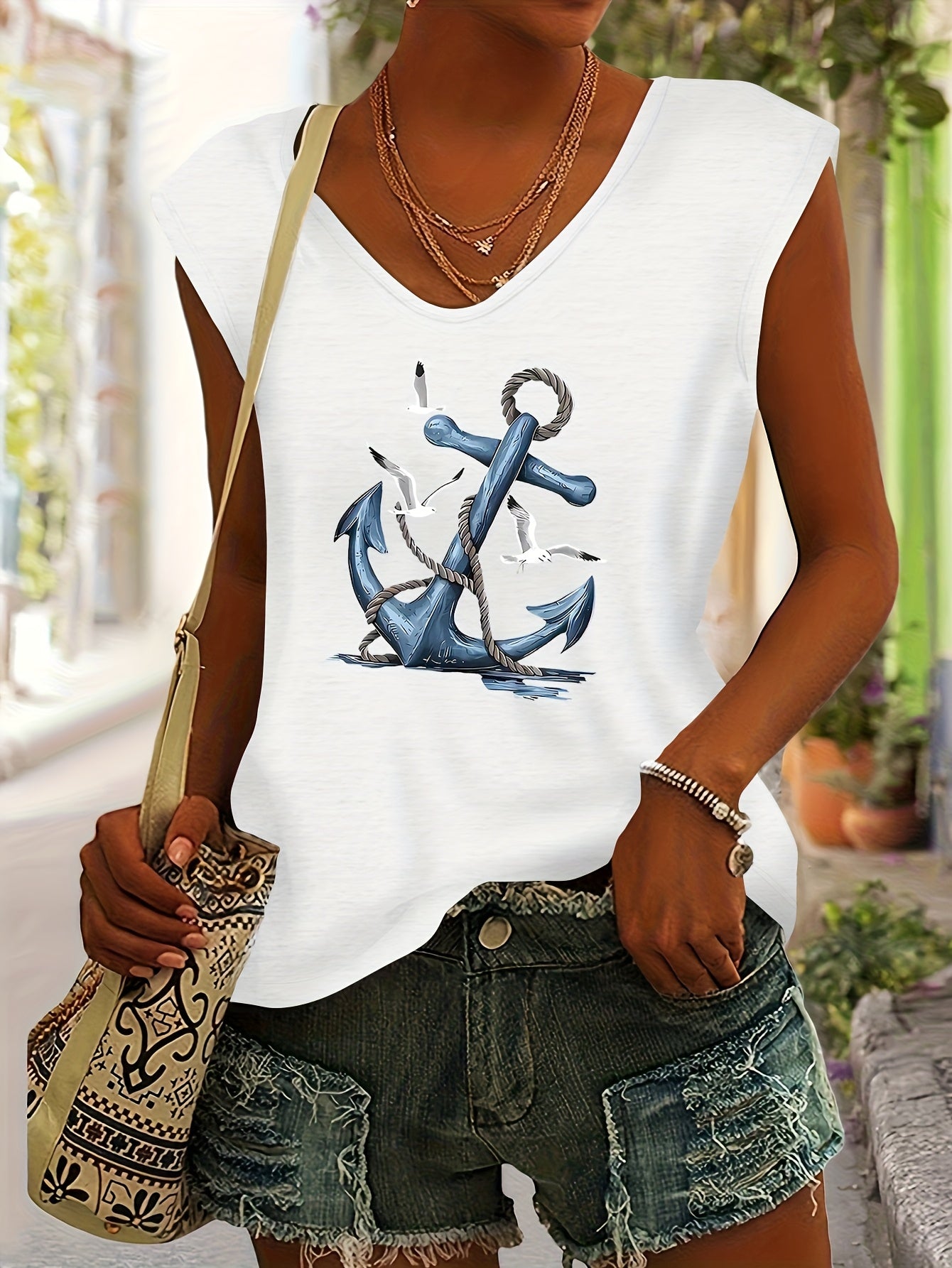 Blue Anchor Seagull Ocean Sailor Pattern Print European And American Style Women'S Spring Summer Casual Easy Versatile Vacation Color V-Neck Raglan Short Sleeve T-Shirt