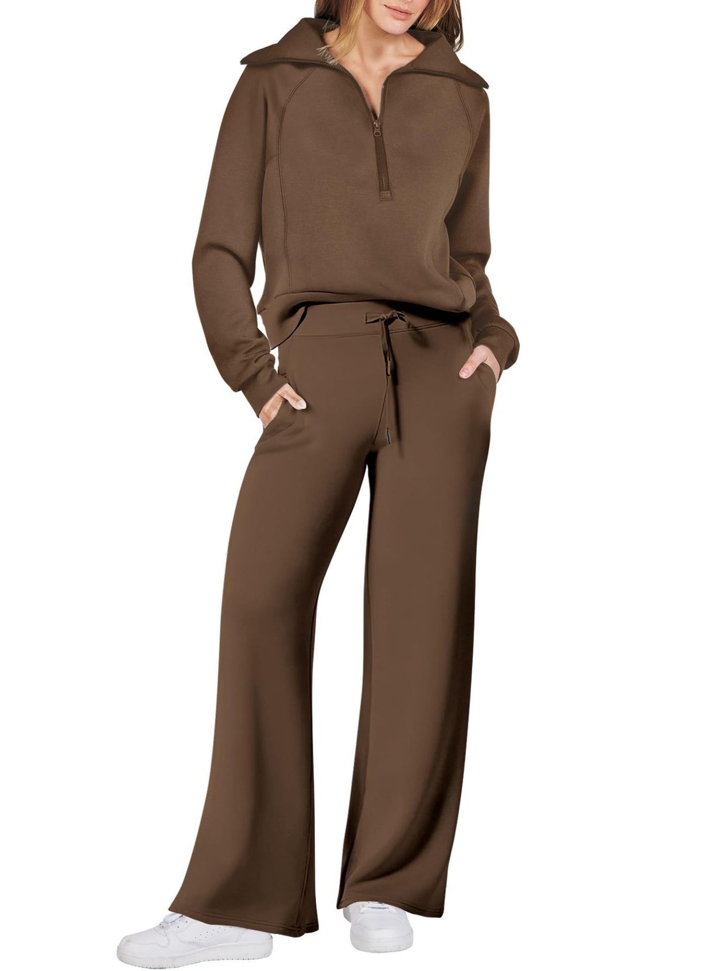 Spring/Autumn Casual Swear Set for Women, Zipper Long-Sleeve Sweatshirt and Wide-Leg Pants 2pcs Set