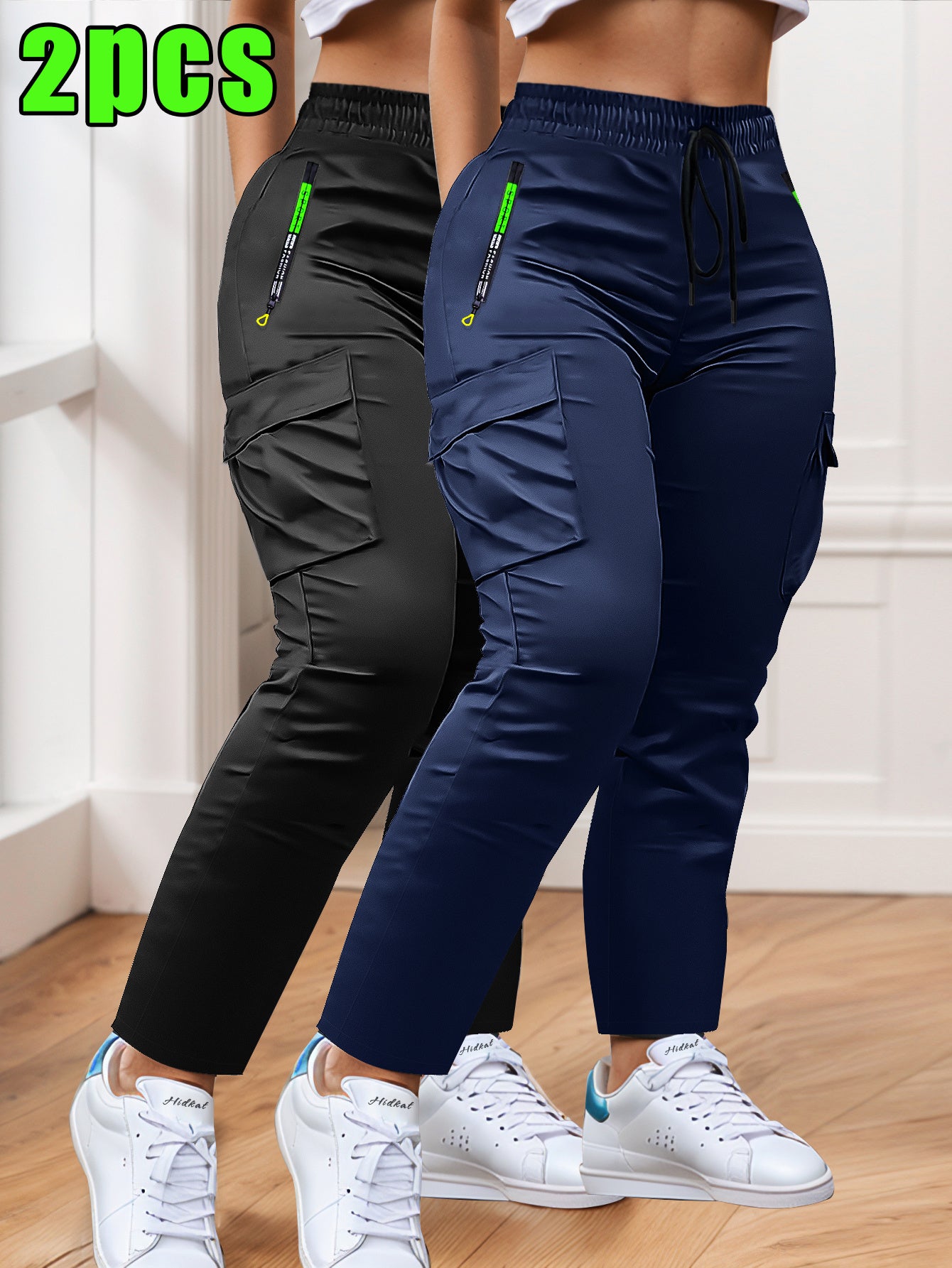 2-pack of Women'S Multi-pocket Slim Cargo Pants, Drawstring Zip Pocket Design, Straight Leg Casual Trousers, Suitable for Outdoor Sports, Everyday Wear, and Dates.